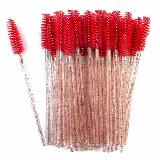 Щіточка для брів та вій пряма, червона, глітерна ручка, 50 шт., Колір: 009