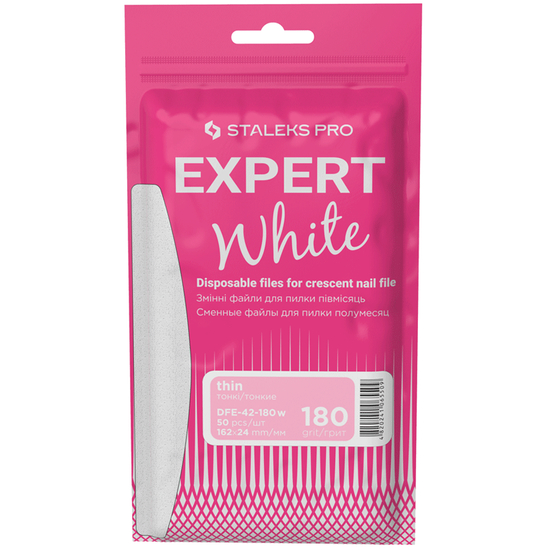 Набор сменных белых файлов для пилки полумесяц 180 грит STALEKS PRO EXPERT 42 50 шт DFE-42-180w, Форма: Полумесяц, Вид: Сменные файлы на клеевой основе, Серия: EXPERT
, Слой: без пенного слоя, Абразивность: 180 грит