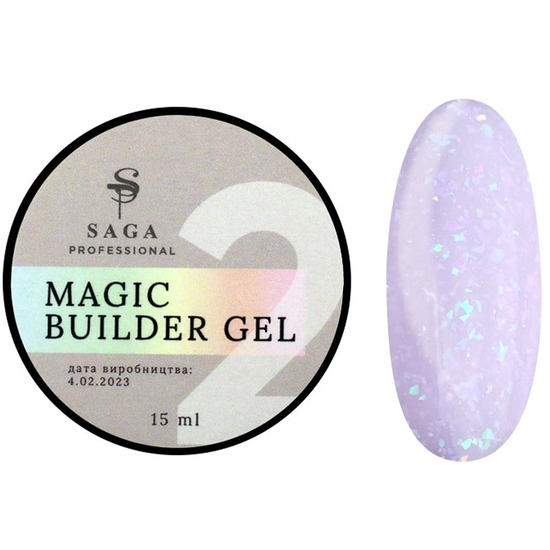 Гель для нарощування Saga Professional Magic Builder Gel 02, ніжний ліловий з кольоровими пластівцями, 15 мл, Об`єм: 15 мл, Колір: 02