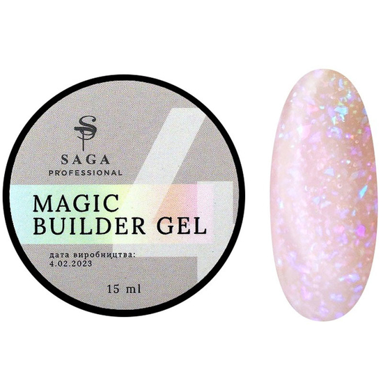 Гель для наращивания Saga Professional Magic Builder Gel 04, персиковый беж с цветными хлопьями потали, 15 мл, Объем: 15 мл, Цвет: 04
